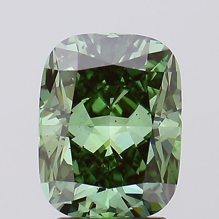 Loose Diamond - CUSHION MODIFIED 2.69ct Fancy Vivid Green VS2: Loose Diamond - CUSHION MODIFIED 2.69ct Fancy Vivid Green VS2 Source: This is a real non-mined Diamond that has been grown in a lab Shape: CUSHION MODIFIED Carats: 2.69 Color: Fancy Vivid Green Certif