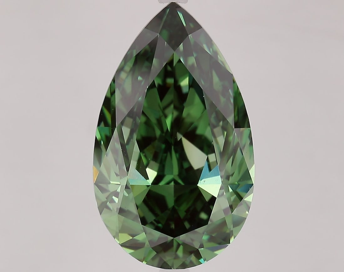 Loose Diamond - PEAR 9.5ct Fancy Vivid Green VS1: Loose Diamond - PEAR 9.5ct Fancy Vivid Green VS1 Source: This is a real non-mined Diamond that has been grown in a lab Shape: PEAR Carats: 9.5 Color: Fancy Vivid Green Certification: IGI Video: