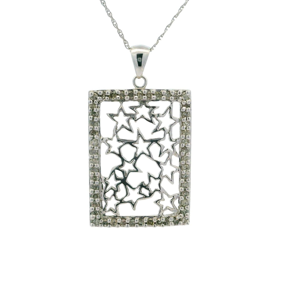 10k White Gold 1.05ctw Diamond Star Pendant Necklace: 10k White Gold 1.05ctw Diamond Star Pendant Necklace This exquisite pendant necklace features a stunning open work star design, crafted from 10k white gold and adorned with (70) natural genuine diamon
