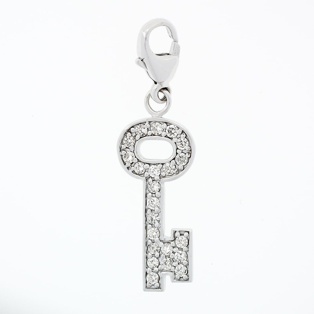 14K White Gold 0.66ct Diamond Key Charm Pendant with Lobster Clasp: 14K White Gold 0.66ct Diamond Key Charm Pendant with Lobster Clasp This exquisite charm pendant is crafted from solid 14K white gold and features a stunning long lock key design adorned with pave set 