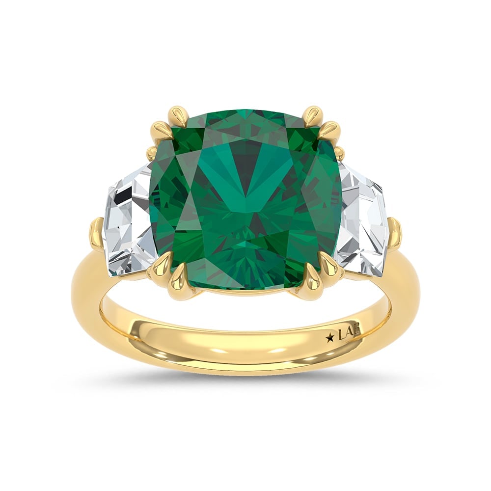 14K Yellow Gold Lab Grown Diamond 6 1/4 Ct.Tw. Cushion Shape Recrystalized Emerald Engagement Ring: 14K Yellow Gold Lab Grown Diamond 6 1/4 Ct.Tw. Cushion Shape Recrystalized Emerald Engagement Ring (Center 4 3/4 ct) Celebrate timeless elegance with this 14K yellow gold engagement ring, featuring a 
