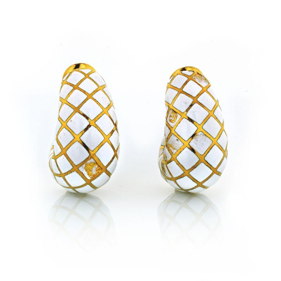 David Webb Bombe Clip-On Earrings in White Enamel Platinum and 18K Gold: David Webb Bombe Clip-On Earrings in White Enamel Platinum and 18K Gold Vintage David Webb clip-on earrings crafted in platinum and 18K yellow gold with a white enamel finish. Designed in the house's 