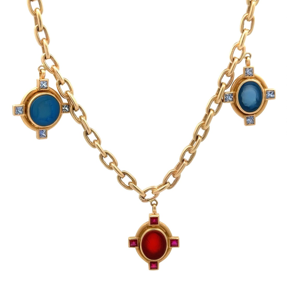 Herco 14k Gold Intaglio Pendant Necklace with Red Blue Hardstones: Herco 14k Gold Intaglio Pendant Necklace with Red Blue Hardstones This exquisite pendant necklace features a unique design crafted from solid 14k yellow gold. The necklace showcases three intricately 