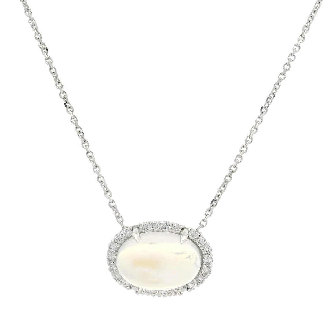 New 14k White Gold Moonstone Diamond Halo Pendant Necklace 5.14ctw: New 14k White Gold Moonstone Diamond Halo Pendant Necklace 5.14ctw This stunning pendant necklace features a natural genuine moonstone in an oval cabochon cut, measuring 12.5x8.1mm and weighing 4.82ct