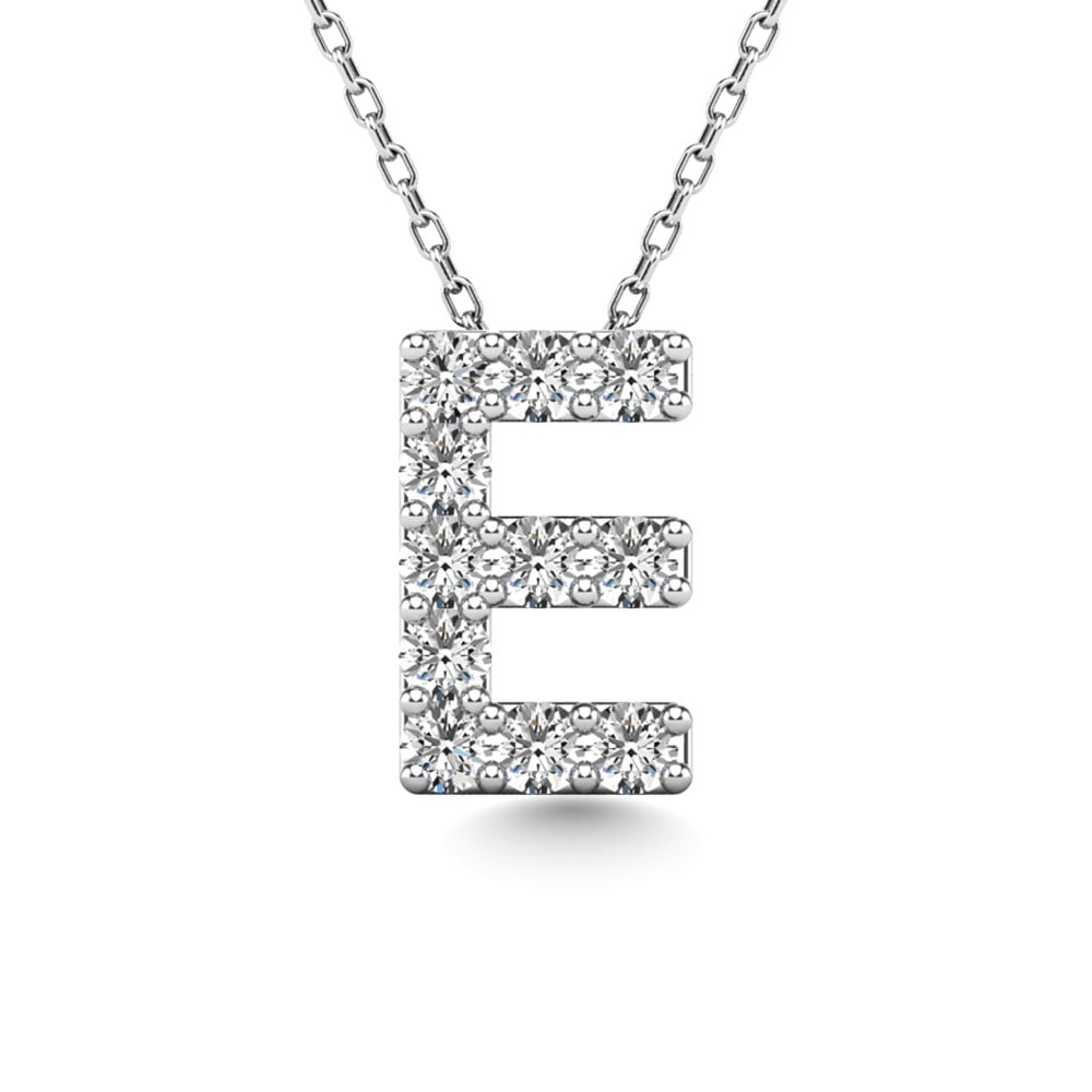 Diamond 1/10 Ct.Tw. Letter E Pendant in 14K White Gold: Diamond 1/10 Ct.Tw. Letter E Pendant in 14K White Gold 14k White Gold Stone Color: G-h Stone Clarity: I1 Unless otherwise specified, pendants that include a chain are paired with our standard 18-inch 