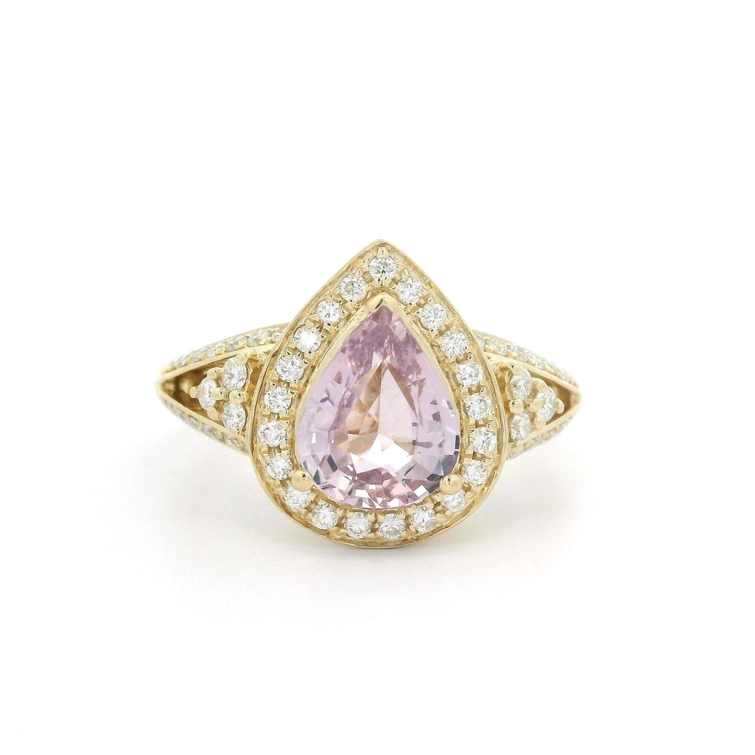 14k Yellow Gold GIA 3.03ctw No Heat Pink Sapphire Diamond Cocktail Ring: 14k Yellow Gold GIA 3.03ctw No Heat Pink Sapphire Diamond Cocktail Ring This exquisite cocktail ring features a stunning 3.03 carat total weight comprised of a natural, no-heat pear-shaped pink sapphi