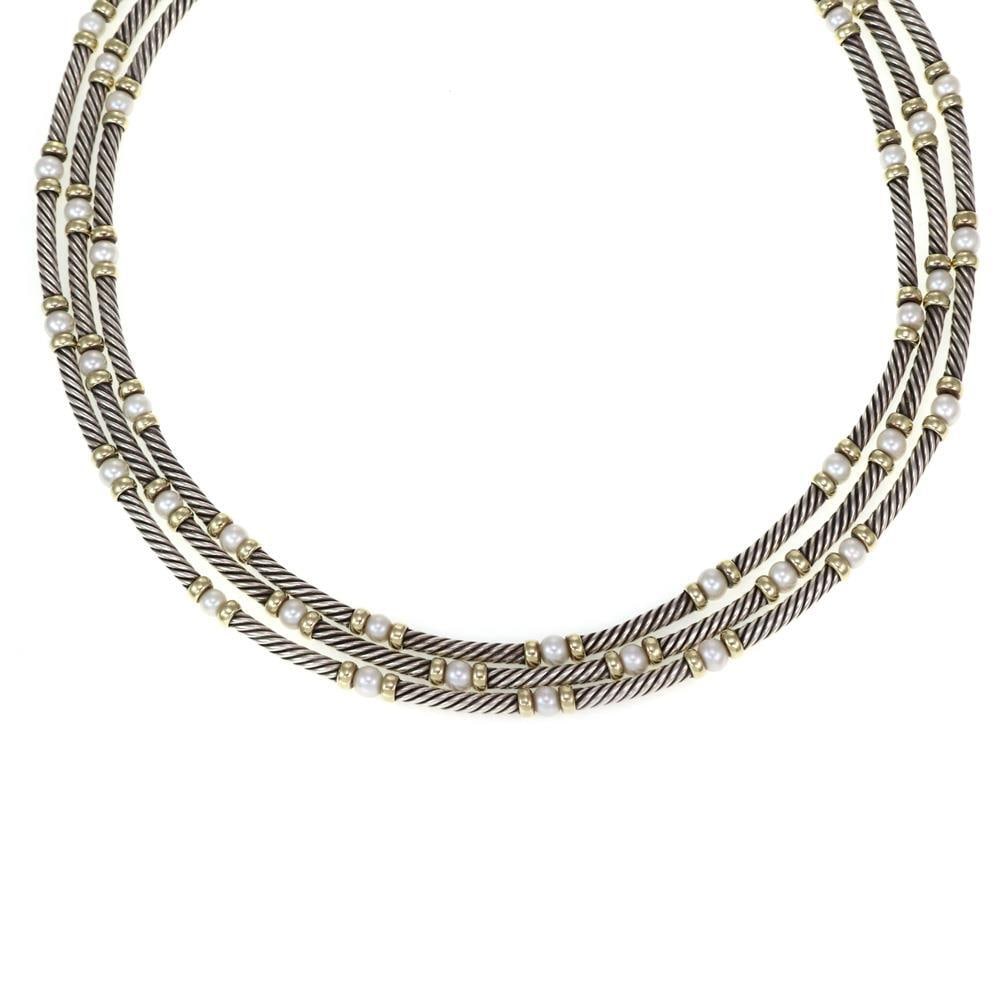 David Yurman 3 Strand Cable Necklace with Pearls and 14k Gold Accents: David Yurman 3 Strand Cable Necklace with Pearls and 14k Gold Accents This exquisite David Yurman necklace features a stunning design crafted from sterling silver and accented with 14k yellow gold. Th