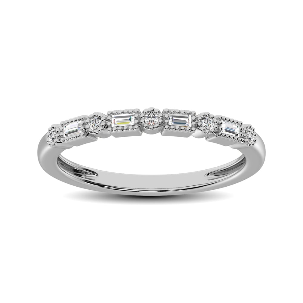 14K White Gold 1/10 Ct.tw Round and Tapper Diamond Band Ring: 14K White Gold 1/10 Ct.tw Round and Tapper Diamond Band Ring Crafted in warm 14K White Gold, this slender band features alternating bezel-set Tapper and round diamonds with milligrain detailing. Radia
