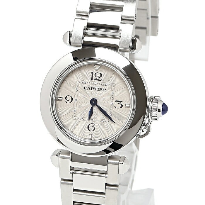 Cartier WSPA0021 Pasha 30mm Quartz Wristwatch Silver Dial SS with Extra Strap: Cartier WSPA0021 Pasha 30mm Quartz Wristwatch Silver Dial SS with Extra Strap Cartier Pasha WSPA0021 quartz wristwatch with a 30mm case and silver dial. This pre-owned watch is made in Switzerland and