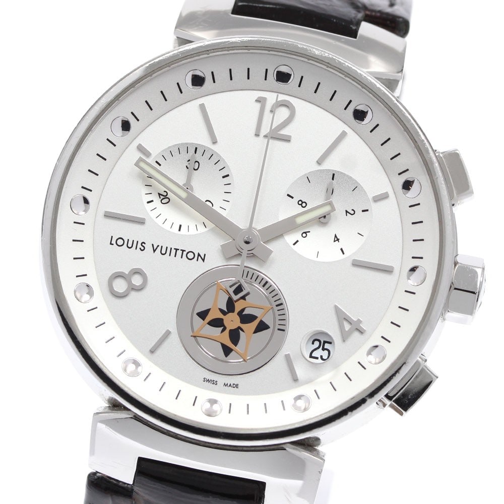 Louis Vuitton Tambour Moonstar GM Q8D10 Mens Quartz Chronograph Watch: Louis Vuitton Tambour Moonstar GM Q8D10 Mens Quartz Chronograph Watch Pre-owned Louis Vuitton Tambour Moonstar GM chronograph quartz men's wristwatch. Swiss-made and designed for the men's department,