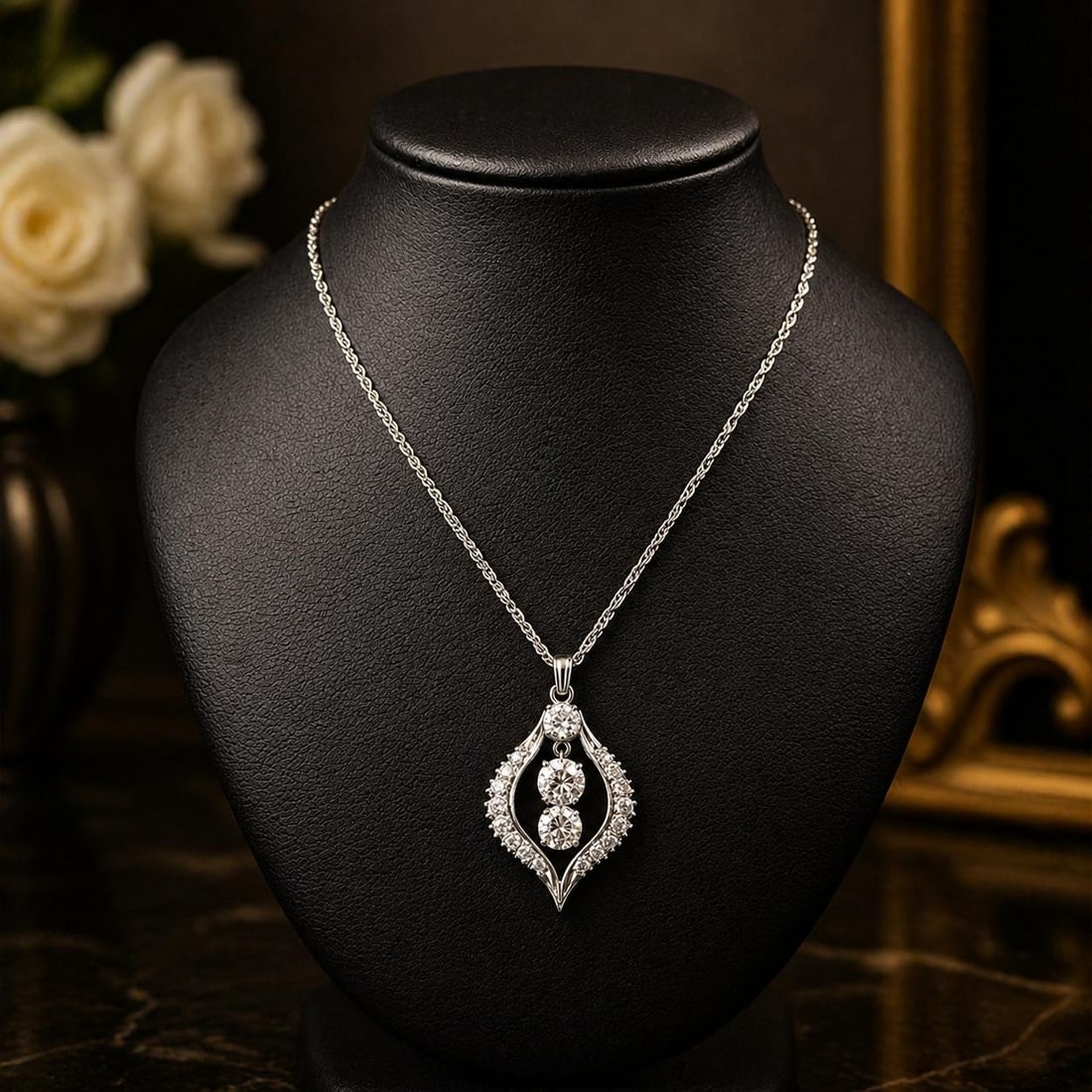 14k White Gold Diamond Dangle Pendant on Rope Chain Antique: 14k White Gold Diamond Dangle Pendant on Rope Chain Antique This antique pendant features a dangle design set with a total of approximately 1.8 carats of natural, old European and old single cut diamo
