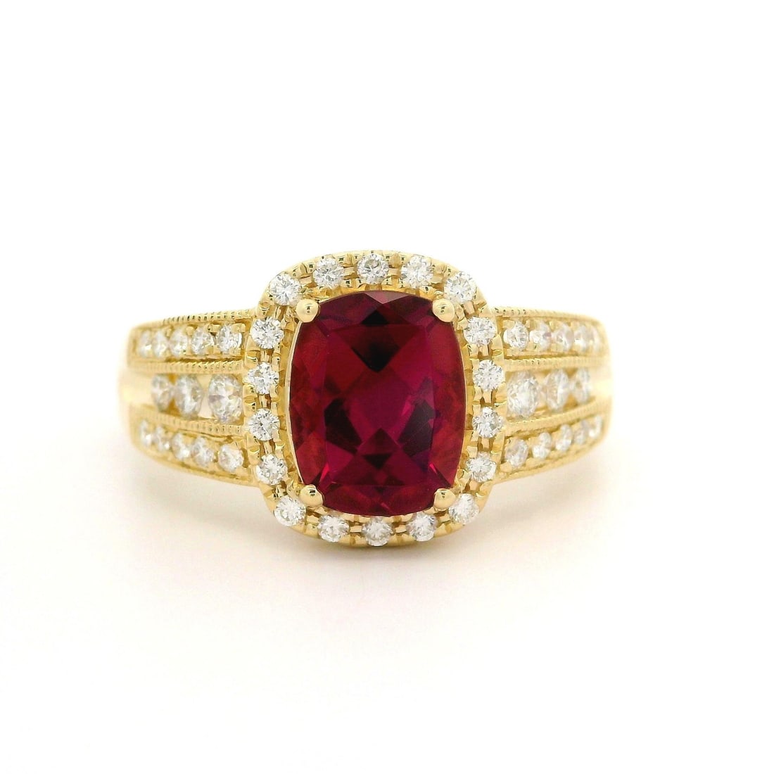 14k Yellow Gold 2.75ctw Pink Tourmaline Diamond Halo Cocktail Ring: 14k Yellow Gold 2.75ctw Pink Tourmaline Diamond Halo Cocktail Ring Elevate your style with this stunning 14k Yellow Gold Cocktail Ring featuring a captivating 2.75ctw Tourmaline surrounded by a dazzli