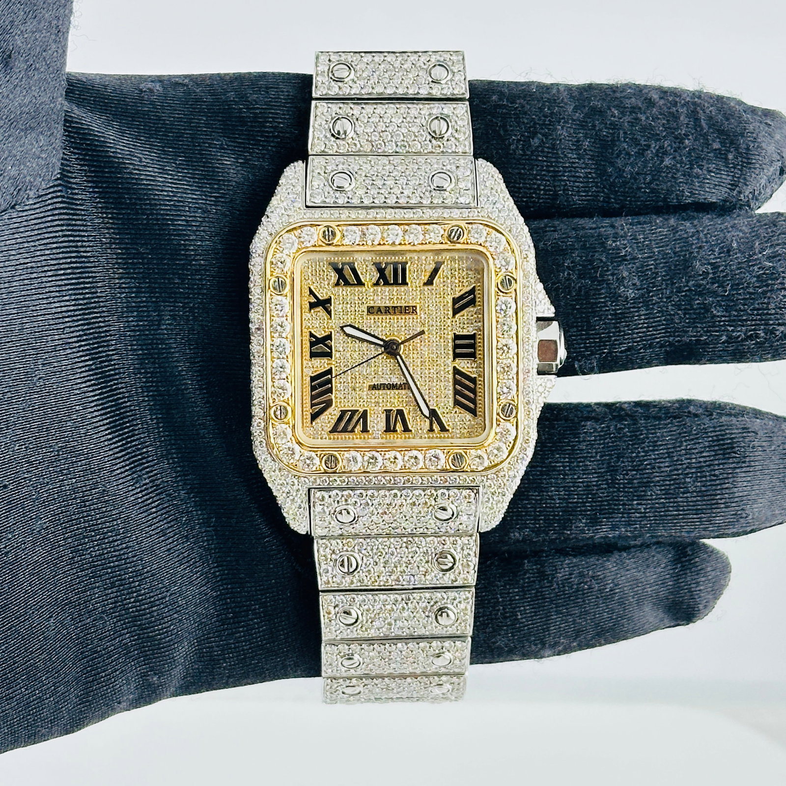 Cartier Santos 100 Ref 2656 Men's Watch Diamond Dial and Aftermarket Bracelet with Papers: Cartier Santos 100 Ref 2656 Men's Watch Diamond Dial and Aftermarket Bracelet with Papers This Cartier Santos 100 watch features an iced out Roman dial, a diamond-set bezel, and an aftermarket iced ou