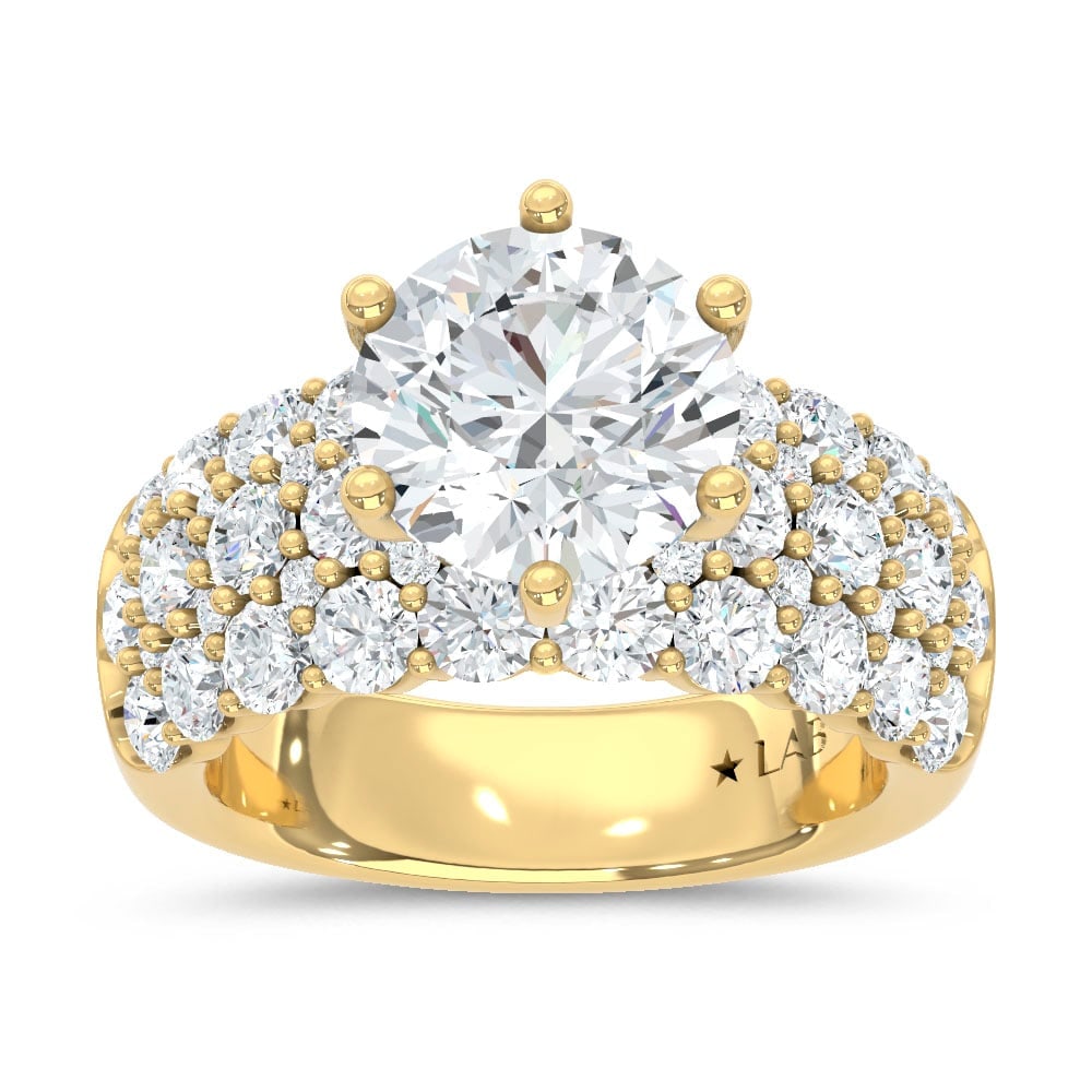14K Yellow Gold Lab Grown Diamond 5 1/2 Ct.Tw. Round Shape Engagement Ring (IGI Certified Center: 14K Yellow Gold Lab Grown Diamond 5 1/2 Ct.Tw. Round Shape Engagement Ring (IGI Certified Center 3ct) ( Center 3 ct) 14k Yellow Gold Stone Color: D-f Stone Clarity: Vs Each ring is presented in standa