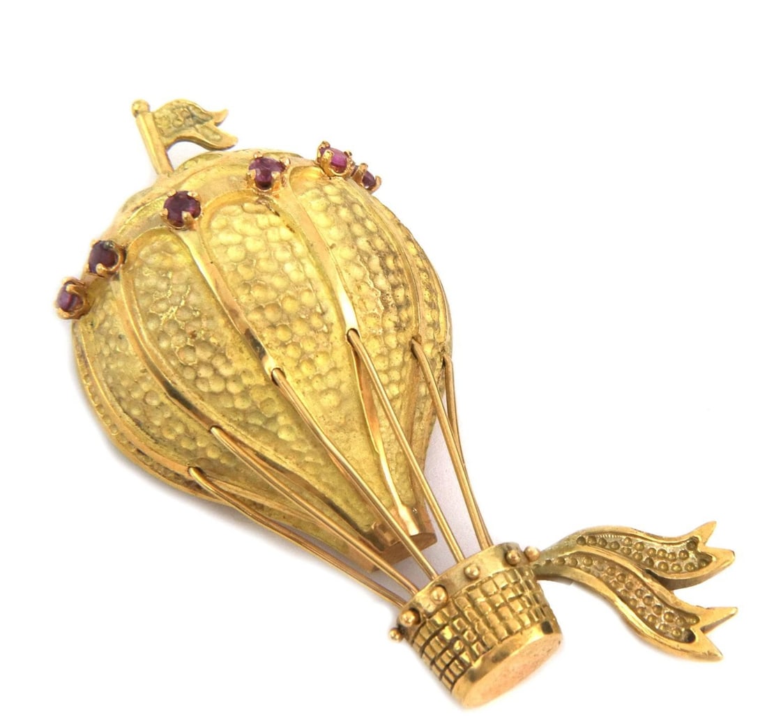 18k Yellow Gold Hot Air Balloon Brooch Pendant with Round Rubies: 18k Yellow Gold Hot Air Balloon Brooch Pendant with Round Rubies This vintage brooch or pendant is crafted from 18k yellow gold with both matte and polished finishes. It features a large hot air ballo