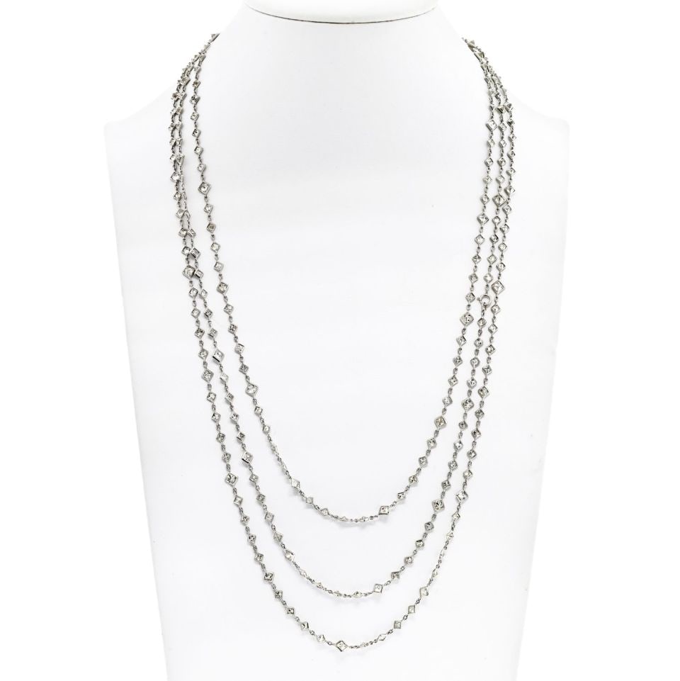 76 Inch Platinum Diamonds By The Yard Necklace 35 Carats Square Cut: 76 Inch Platinum Diamonds By The Yard Necklace 35 Carats Square Cut This exquisite Diamonds By The Yard necklace features a stunning array of square cut diamonds set in luxurious platinum. Measuring a