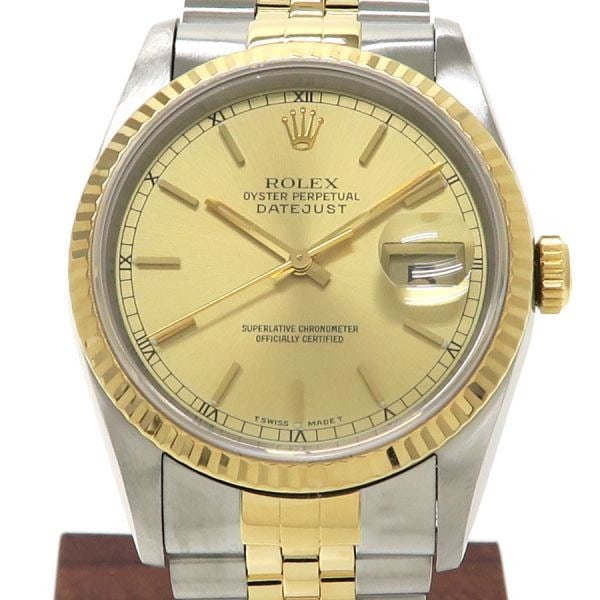 Rolex Datejust 16233 36mm Two Tone Automatic Wristwatch: Rolex Datejust 16233 36mm Two Tone Automatic Wristwatch This pre-owned Rolex Datejust 36mm, model 16233, is a classic men's wristwatch crafted from stainless steel with yellow gold accents on the beze