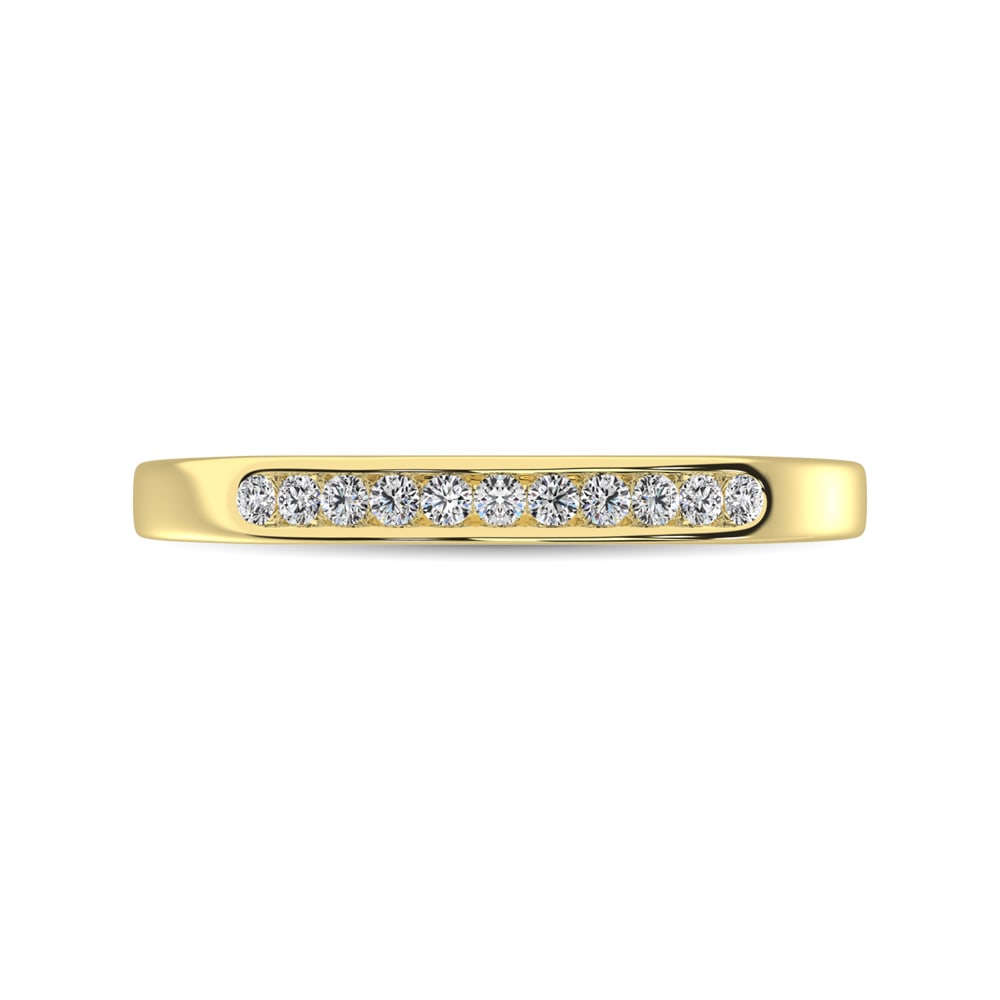 14K Yellow Gold 1/10 Ct Diamond Ladies Machine Band: 14K Yellow Gold 1/10 Ct Diamond Ladies Machine Band This amazing Wedding is available in 14K Yellow Gold. There are 11 round diamonds with a total carat weight of 1/10 Ct.Tw. set in a machine setting.