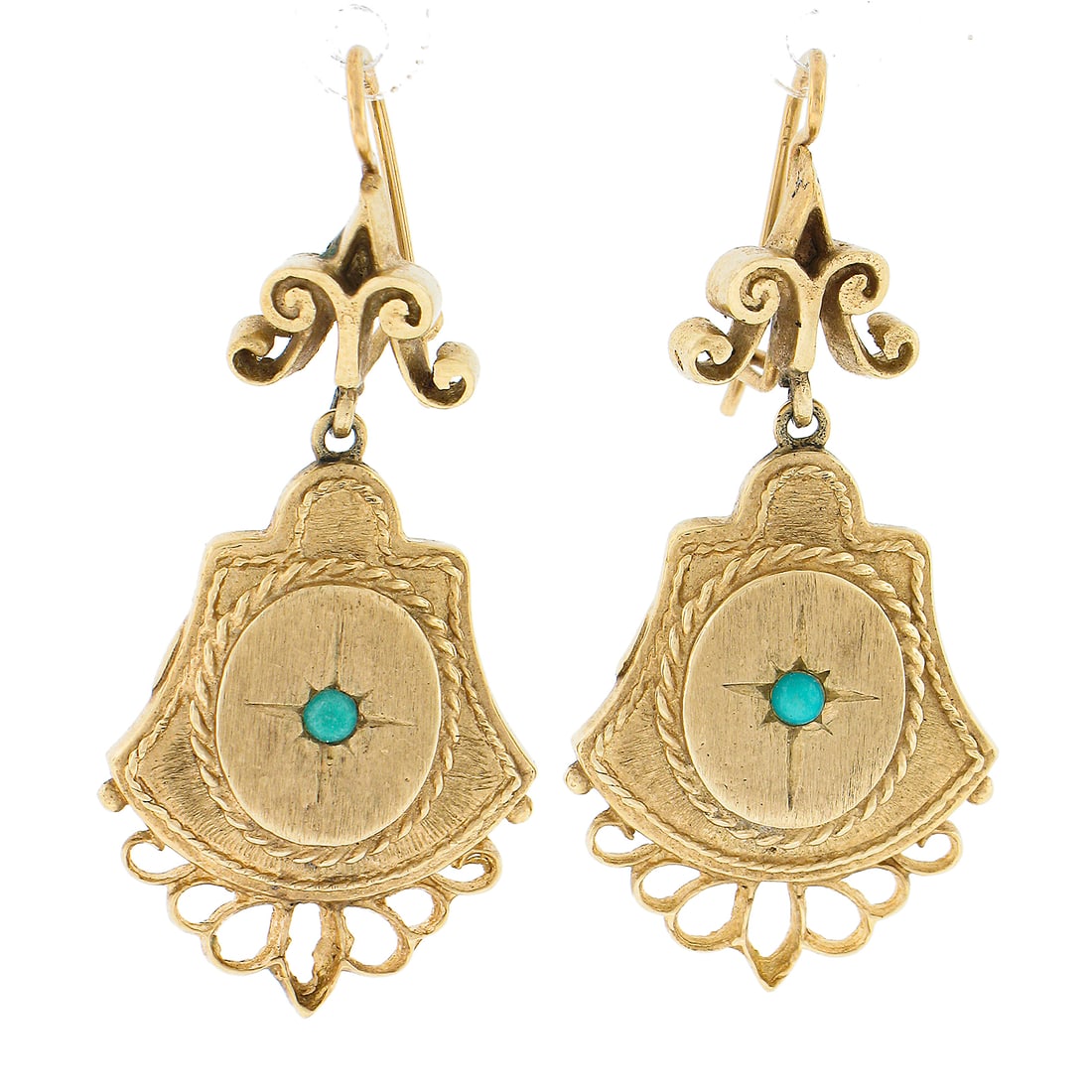 Vintage 14k Yellow Gold Turquoise Cabochon Drop Dangle Earrings: Vintage 14k Yellow Gold Turquoise Cabochon Drop Dangle Earrings Enhance your jewelry collection with these exquisite Vintage 14k Yellow Gold Drop Dangle Earrings featuring natural turquoise stones. Ea