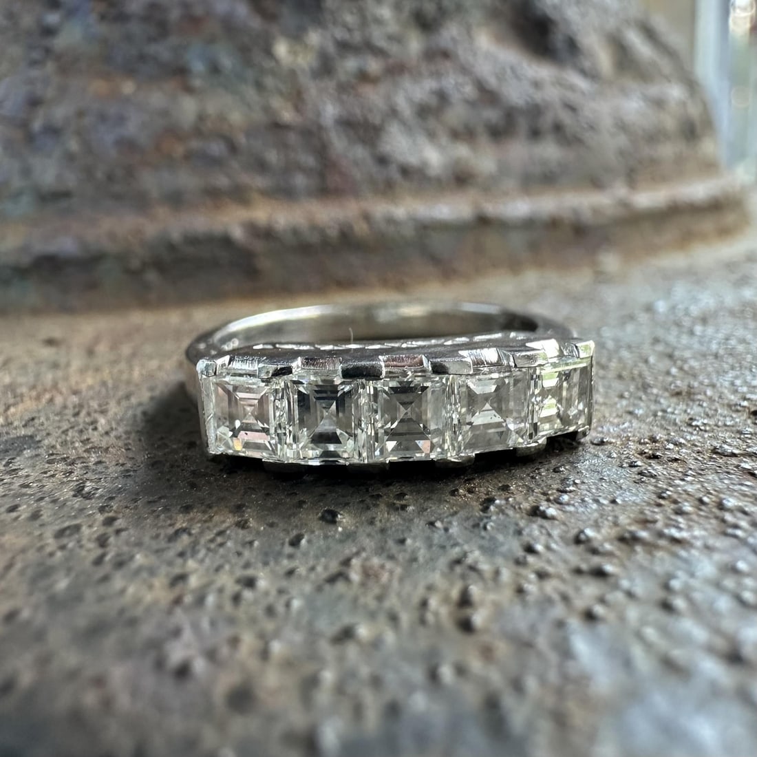 5 Stone Platinum Diamond Stackable Ring 1.02 ctw Carre Step Cut: 5 Stone Platinum Diamond Stackable Ring 1.02 ctw Carre Step Cut This elegant band ring features five natural carre step cut diamonds, prong set in solid platinum. The diamonds have a total carat weigh