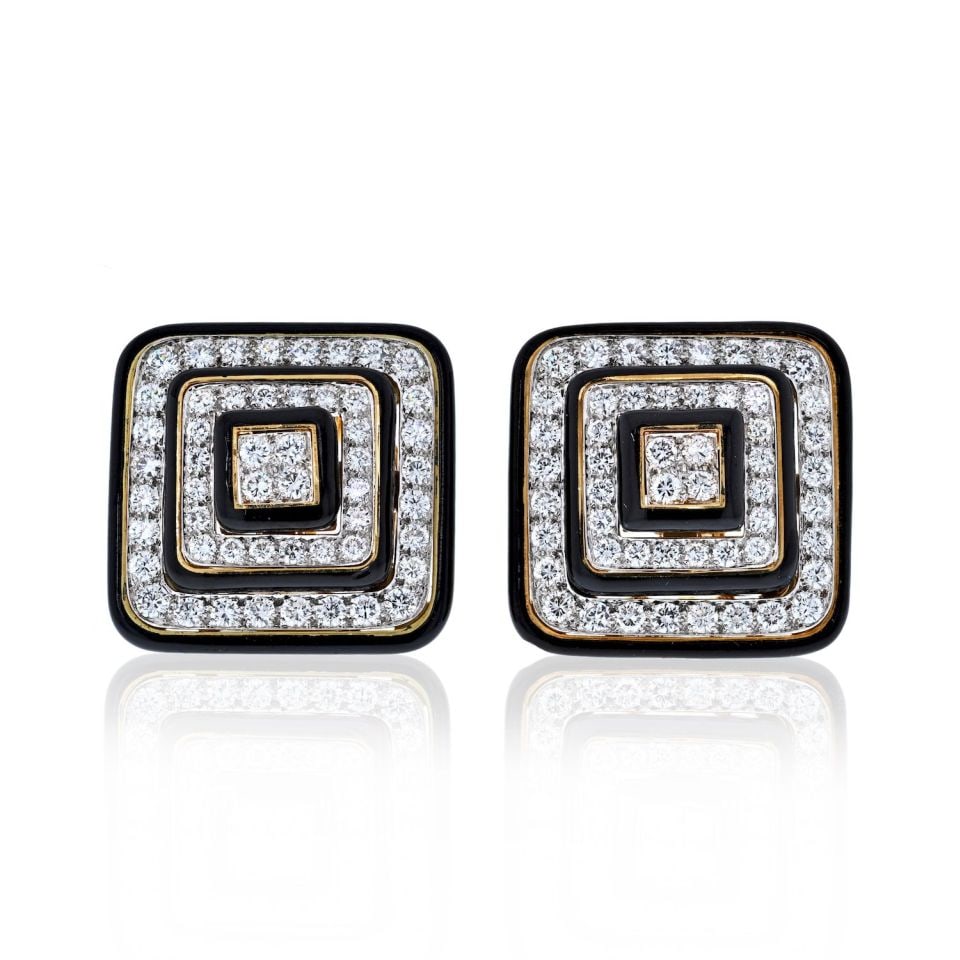 David Webb Square Earrings Black Enamel Diamond 6.5 Cts Platinum 18K Gold: David Webb Square Earrings Black Enamel Diamond 6.5 Cts Platinum 18K Gold These exquisite David Webb earrings feature a unique square design crafted in a stunning combination of platinum and 18K yello