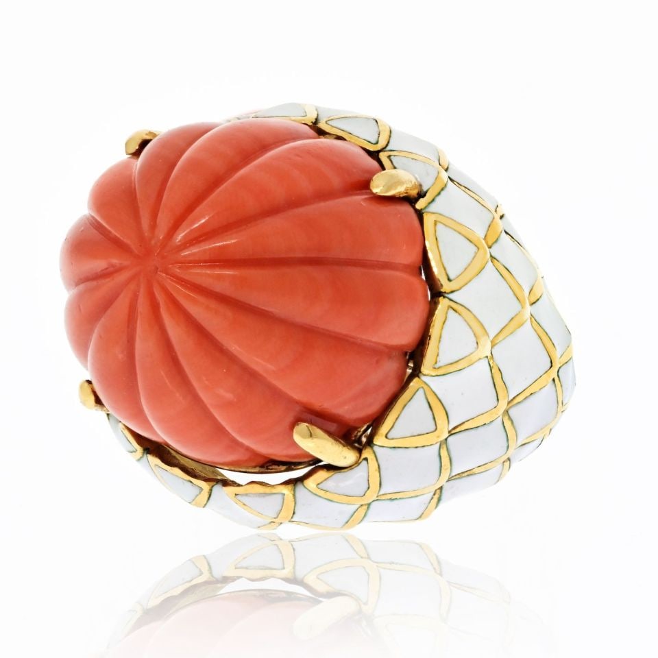 David Webb Bombe Ring Platinum 18K Yellow Gold Coral Enamel: David Webb Bombe Ring Platinum 18K Yellow Gold Coral Enamel This exquisite David Webb Bombe ring is a stunning estate piece crafted from platinum and 18K yellow gold. With a total weight of 27.5 grams