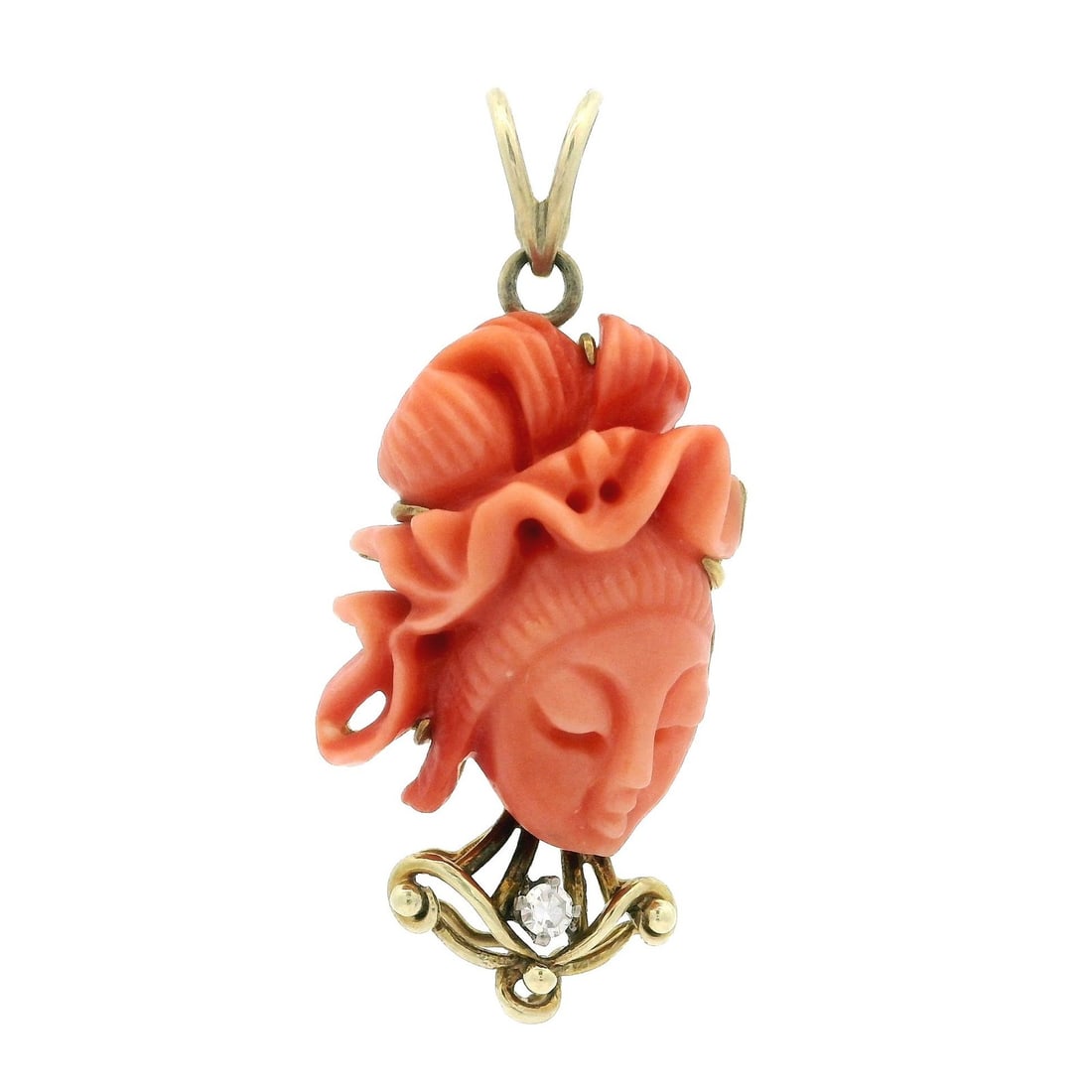 Art Nouveau Coral Cameo Pendant with Diamond in 14k Yellow Gold: Art Nouveau Coral Cameo Pendant with Diamond in 14k Yellow Gold This exquisite pendant showcases a vintage carved cameo featuring a lady's portrait, crafted from natural coral in a rich salmon pink hu