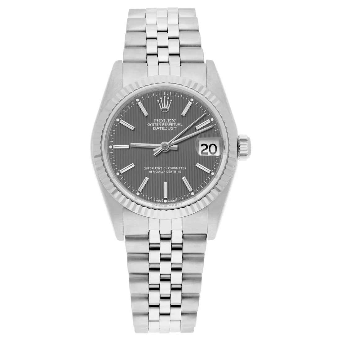 1989 Rolex 69190 Ladies Oyster Perpetual Date Watch Gray Tapestry Dial Papers: 1989 Rolex 69190 Ladies Oyster Perpetual Date Watch Gray Tapestry Dial Papers Rolex Oyster Perpetual Date ladies watch, reference 69190, featuring a gray tapestry dial, engine turned bezel, and Jubile