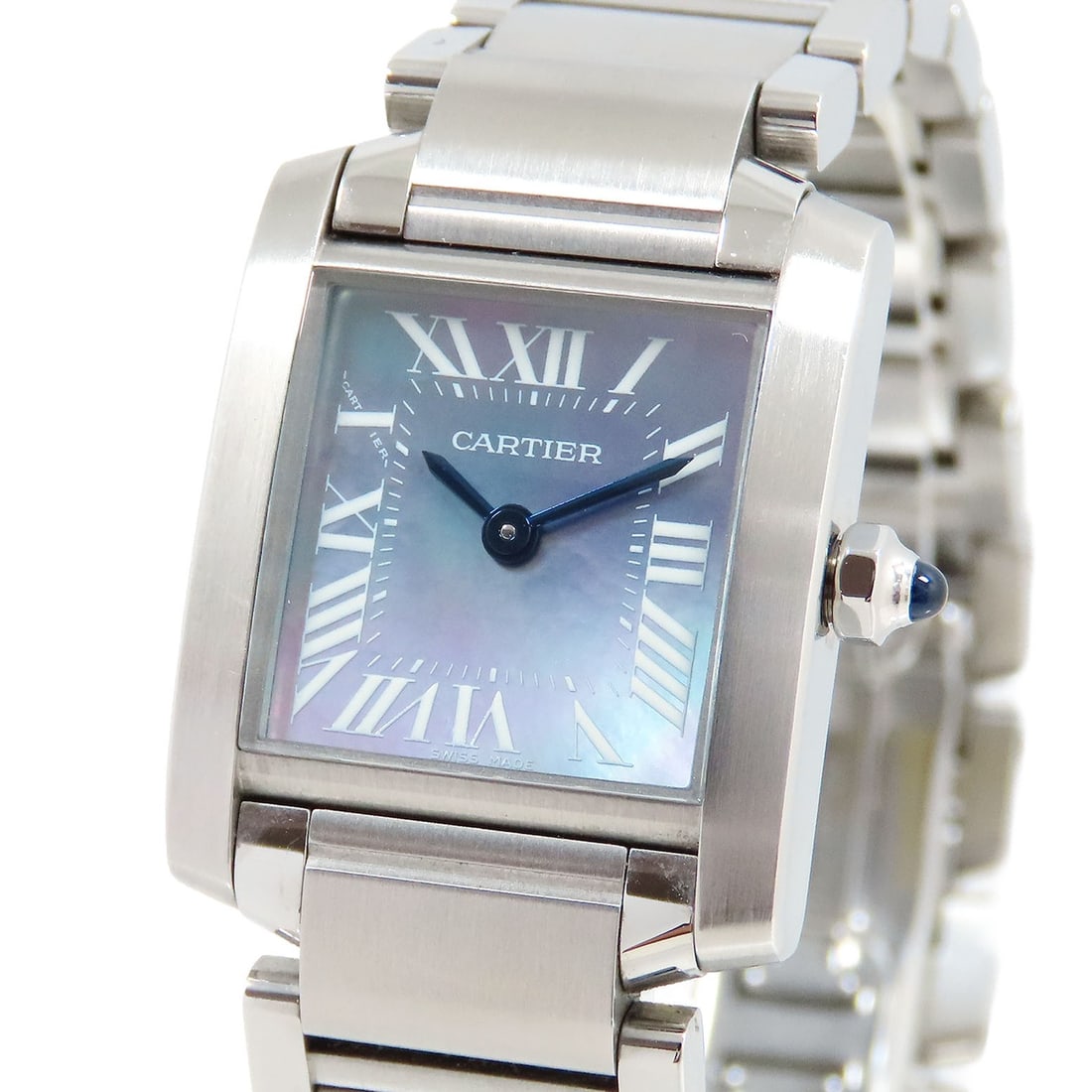 Cartier Tank Francaise Ladies Quartz Steel Watch Blue Shell Dial: Cartier Tank Francaise Ladies Quartz Steel Watch Blue Shell Dial This is a pre-owned Cartier Tank Francaise SM W51034Q3 wristwatch designed for women. It features a blue shell dial and is crafted from