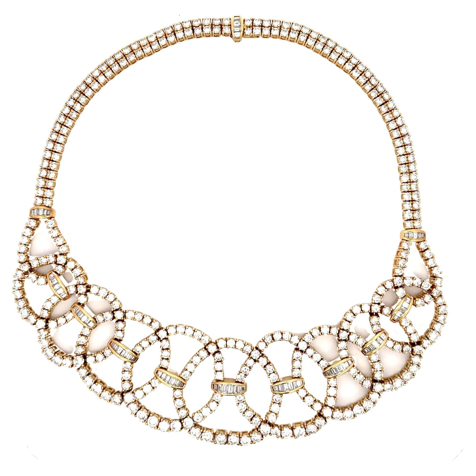 1950s Harbor Diamonds 45 Carat Diamond Collar Necklace in 18K Yellow Gold: 1950s Harbor Diamonds 45 Carat Diamond Collar Necklace in 18K Yellow Gold This exquisite vintage collar necklace, hailing from the 1950s, showcases a stunning array of round brilliant diamonds with an