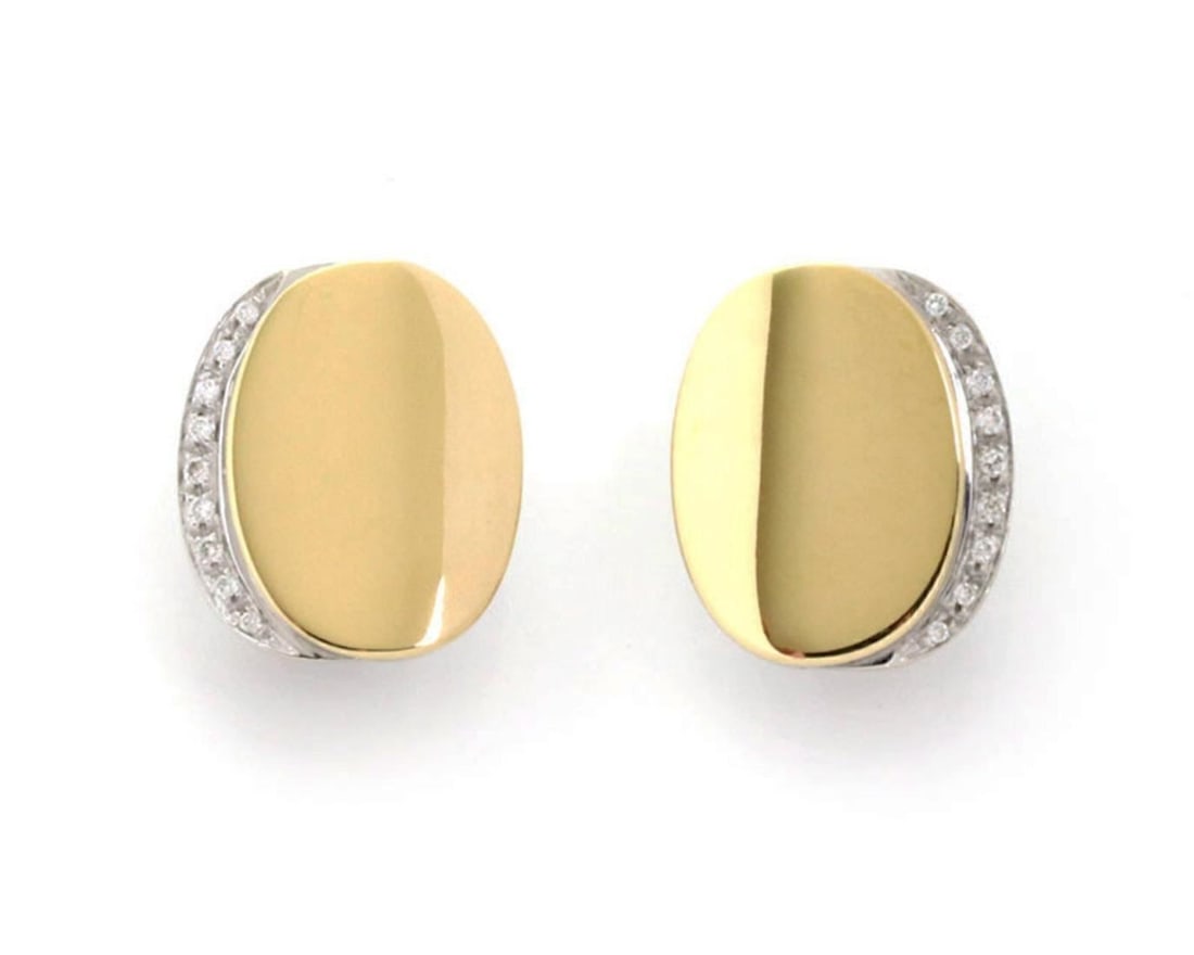 Roberto Coin Oval Huggie Earrings 18k Two Tone Gold Diamond Post Clip: Roberto Coin Oval Huggie Earrings 18k Two Tone Gold Diamond Post Clip Elegant Roberto Coin huggie earrings crafted in 18k yellow and white gold with a polished two-tone finish. The design features an 
