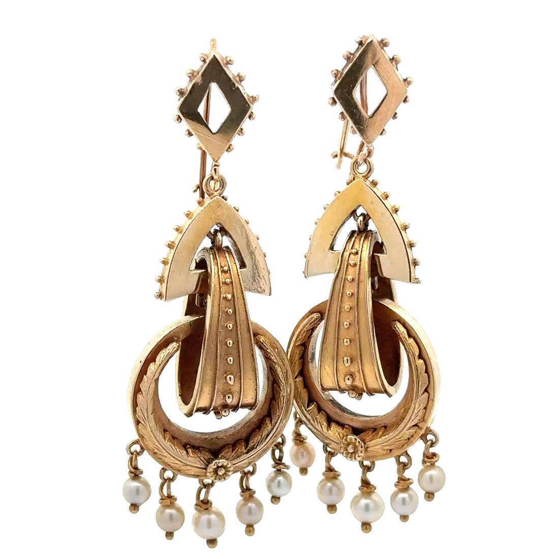 Vintage Victorian Revival 14k Yellow Gold Pearl Dangle Earrings: Vintage Victorian Revival 14k Yellow Gold Pearl Dangle Earrings Elevate your accessory collection with these exquisite Vintage Victorian Revival Dangle Drop Earrings. Crafted from solid 14k yellow gol