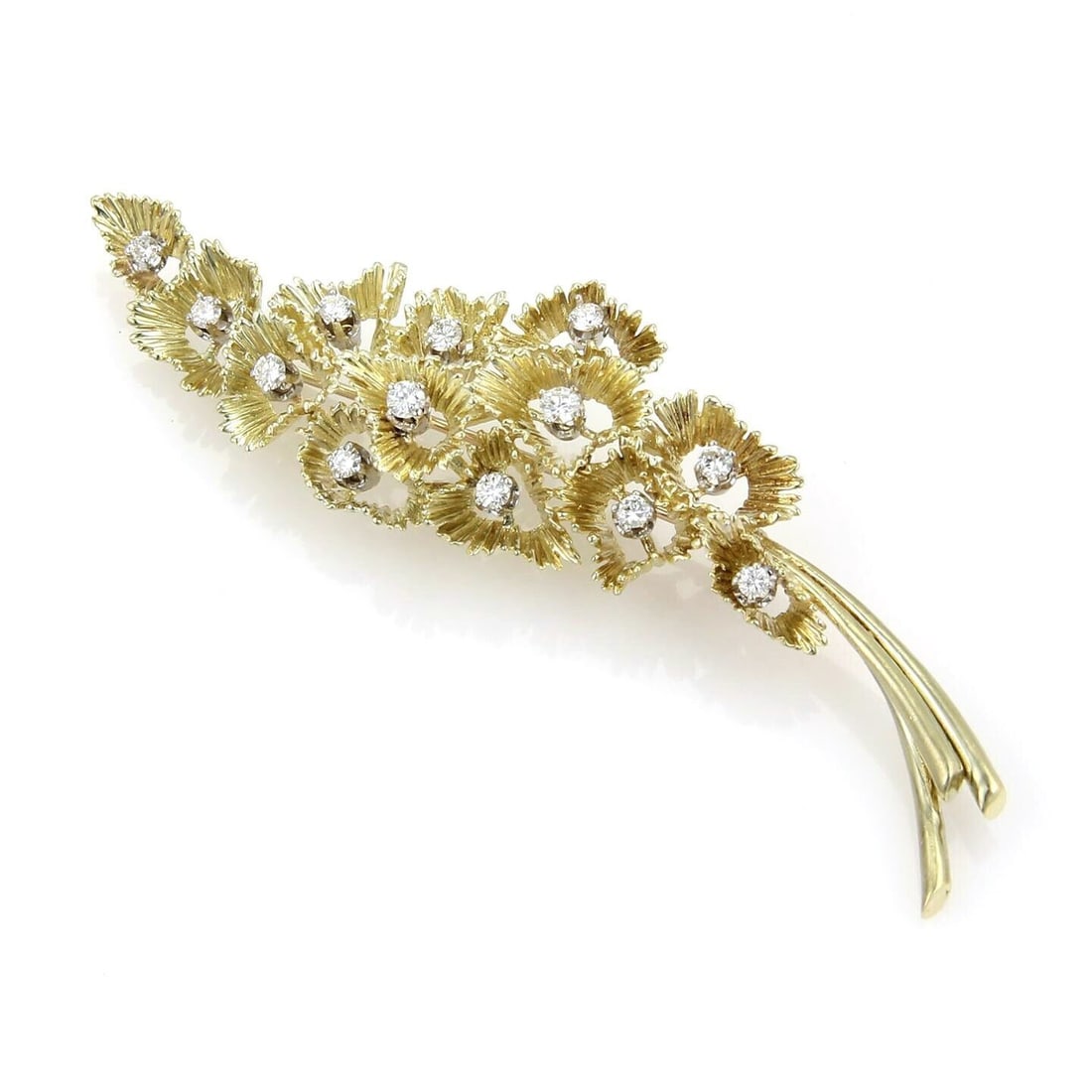 Vintage 14k Yellow Gold Leaf Brooch with Diamond Floral Cluster: Vintage 14k Yellow Gold Leaf Brooch with Diamond Floral Cluster Vintage original floral leaf brooch pin crafted in 14k yellow gold with a diamond floral cluster totaling approximately 1.20 ct. The elo