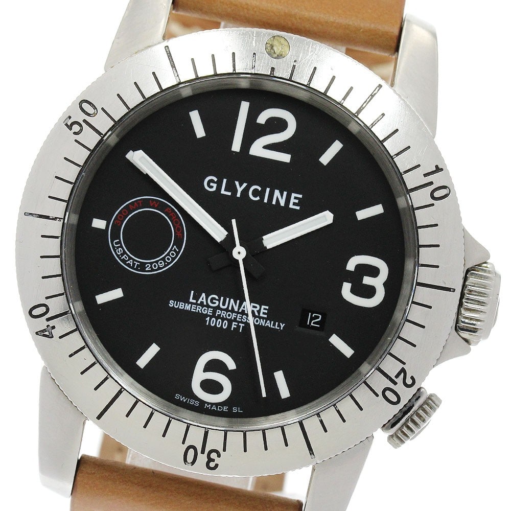 Glycine Lagunare 3819 Automatic Date Men's Wristwatch: Glycine Lagunare 3819 Automatic Date Men's Wristwatch This pre-owned GLYCINE Lagunare Date men's wristwatch features a stainless steel case paired with a black dial and a leather strap. The automatic 