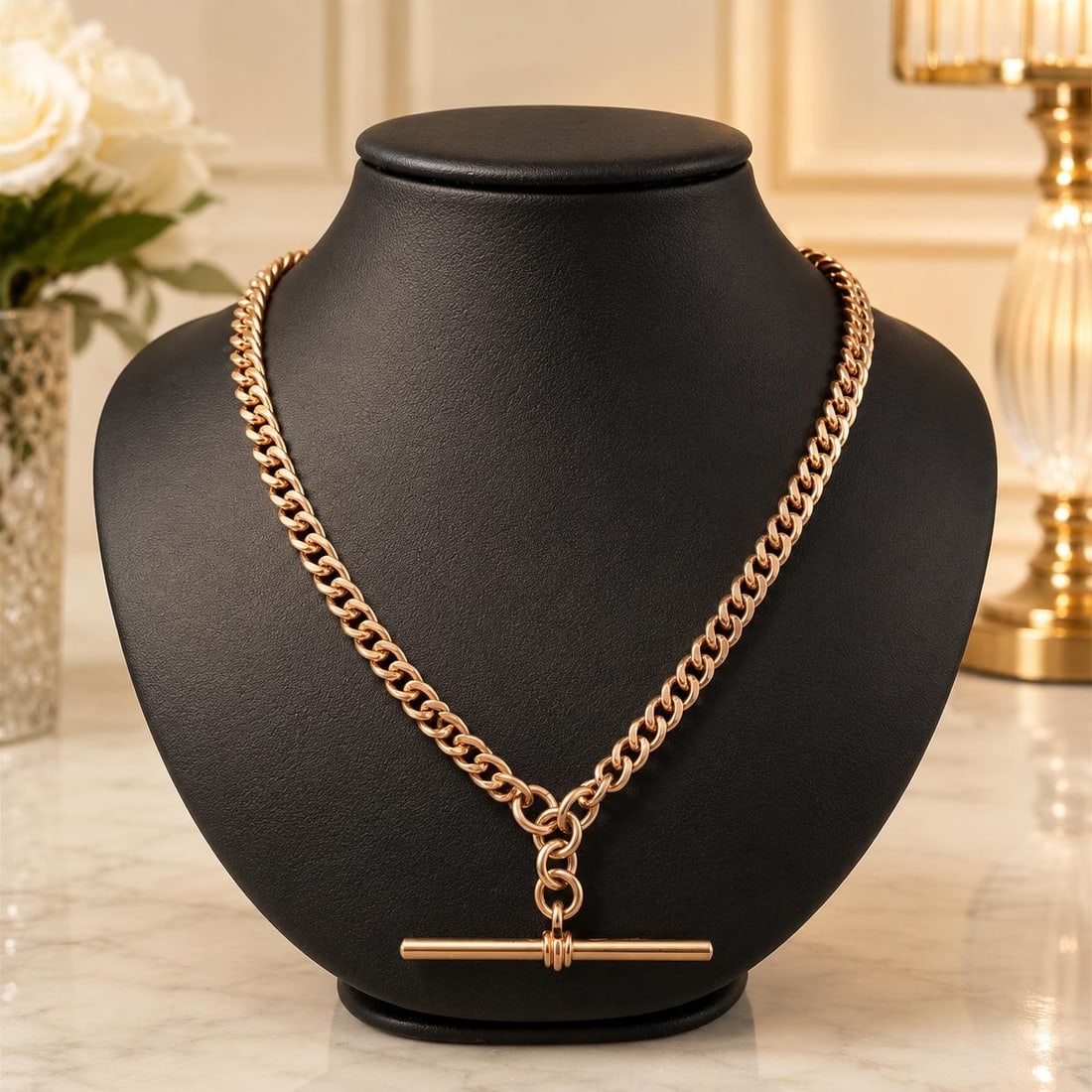 9k Gold Cuban Curb Watch Chain Necklace 18 in Bar and Dog Clips: 9k Gold Cuban Curb Watch Chain Necklace 18 in Bar and Dog Clips This antique Cuban curb link watch chain necklace is crafted from solid 9k rosy yellow gold. It features an 18-inch chain with a 4.3mm w
