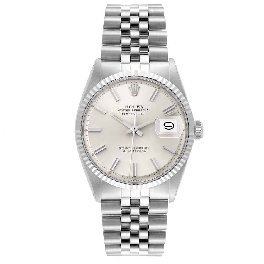 Rolex Datejust 1603 Silver Stick Dial Jubilee Bracelet: Rolex Datejust 1603 Silver Stick Dial Jubilee Bracelet This men's Rolex Datejust features a silver stick dial, a fluted bezel, and is paired with a D-Link Jubilee bracelet. The watch is identified by 