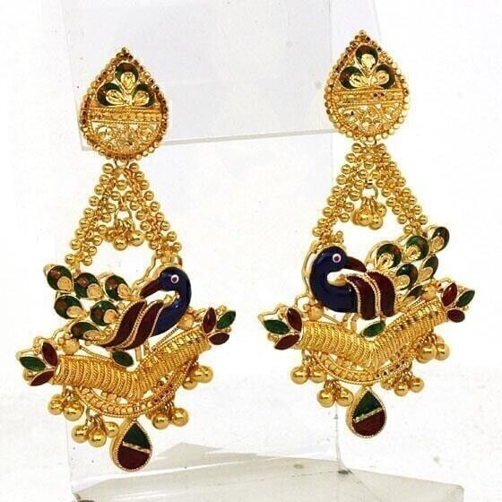 Vintage 22k Yellow Gold Peacock Dangle Earrings with Multicolor Enamel (1 of 5)