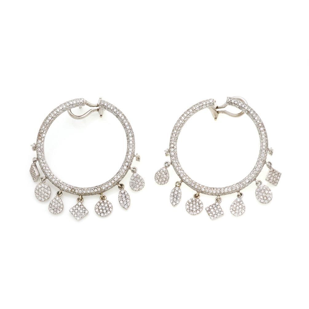 Stunning 3.5ct Diamond 14k White Gold Dangle Hoop Earrings: Stunning 3.5ct Diamond 14k White Gold Dangle Hoop Earrings Elevate your jewelry collection with this stunning pair of modern style dangle charm hoop earrings. Crafted from luxurious 14k white gold, th