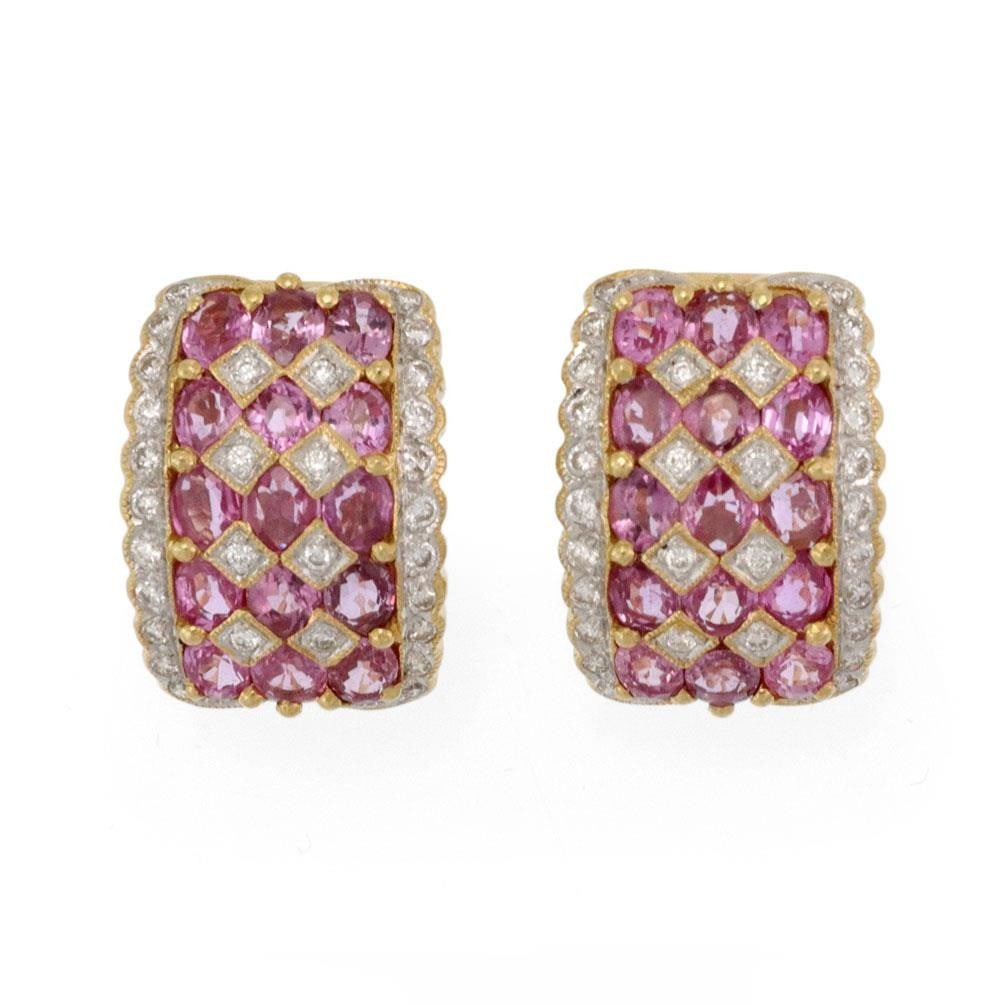 Estate 5.60ct Pink Sapphire Diamond 18k Gold Huggie Earrings: Estate 5.60ct Pink Sapphire Diamond 18k Gold Huggie Earrings These exquisite huggie earrings are crafted from 18k yellow gold with white gold accents. They feature a beautifully curved band measuring 