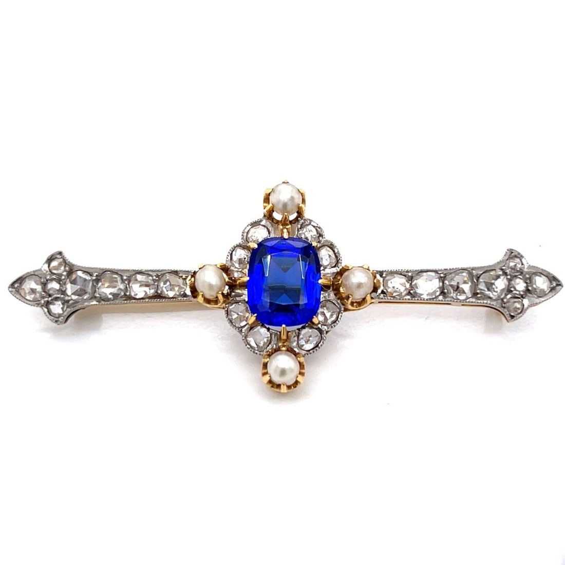 Victorian 18K Yellow Gold Platinum Sapphire Pearl Diamond Brooch: Victorian 18K Yellow Gold Platinum Sapphire Pearl Diamond Brooch This stunning Victorian brooch features a luxurious combination of 18K yellow gold and platinum, adorned with an exquisite synthetic sa