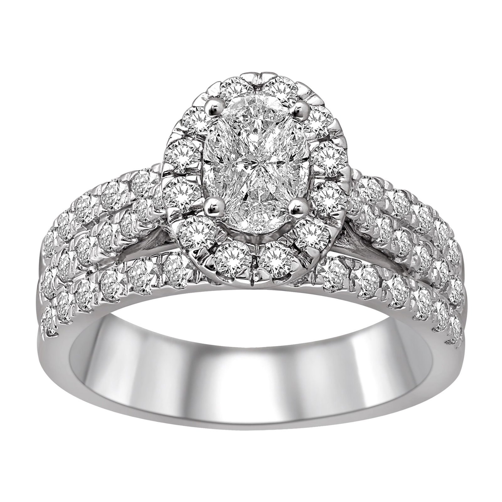 Lovecuts 14K White Gold 1 1/2 Ct.Tw. Diamond Engagement Ring: Lovecuts 14K White Gold 1 1/2 Ct.Tw. Diamond Engagement Ring Fashioned In 14K White Gold, This Three Row Shank Engagement Ring Feature Oval Shape Solitaire Which Gives Perceived Look And Frame Of Smal