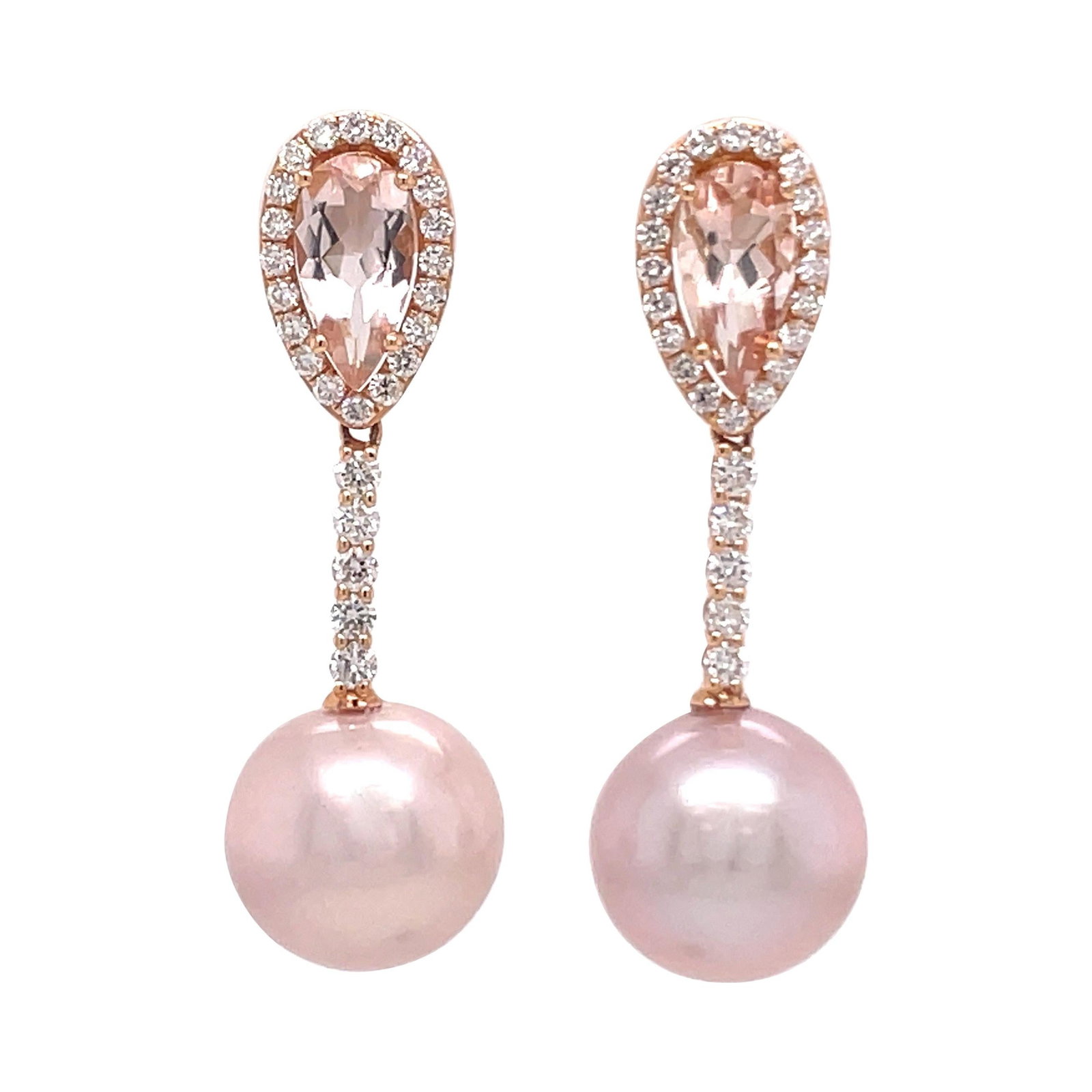 Harbor Diamonds 18K Rose Gold Morganite Diamond Pearl Drop Earrings 2.80 CT: Harbor Diamonds 18K Rose Gold Morganite Diamond Pearl Drop Earrings 2.80 CT These exquisite 18 Karat Rose Gold drop earrings showcase a contemporary design, featuring two stunning pear-shaped Morganit