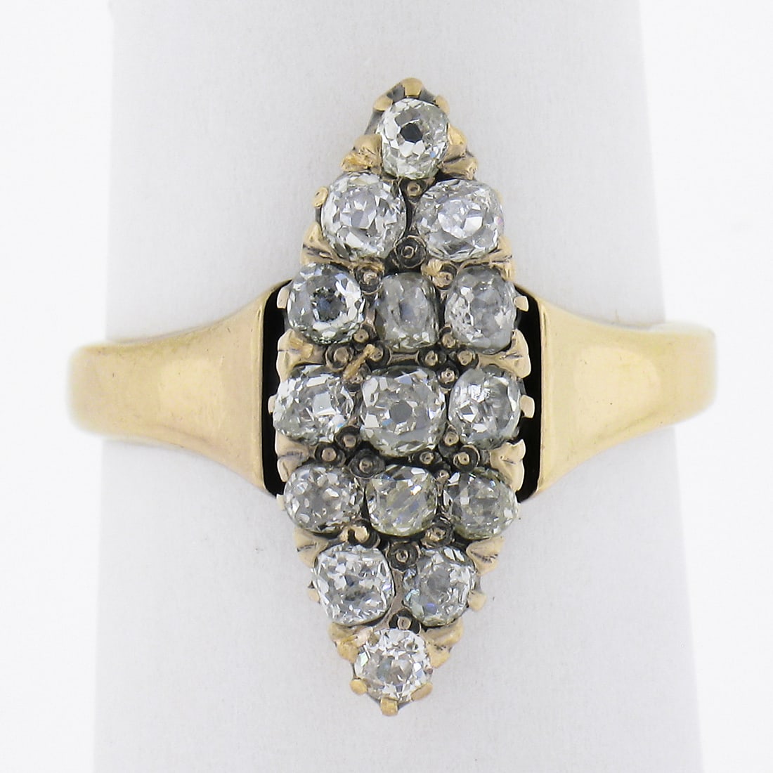 Antique Victorian Yellow Gold 1.6ct Old Mine Cut Diamond Cocktail Ring: Antique Victorian Yellow Gold 1.6ct Old Mine Cut Diamond Cocktail Ring This exquisite Antique Victorian cocktail ring features a stunning navette shape, adorned with 15 natural old mine cut diamonds t