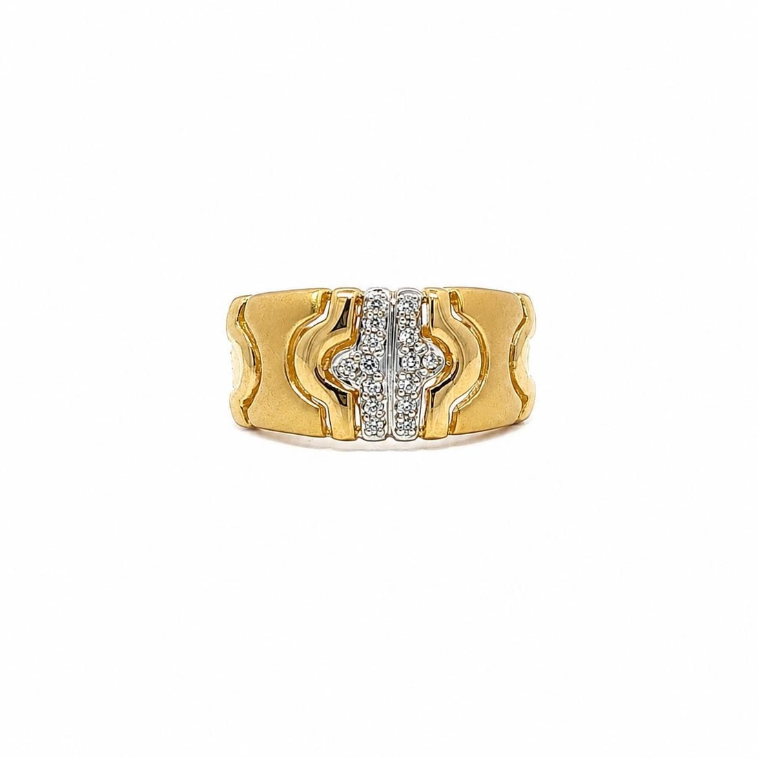 Unbranded 14k Two Tone Gold Diamond Pave Wide Band Ring: Unbranded 14k Two Tone Gold Diamond Pave Wide Band Ring Wide band ring crafted in solid 14k yellow and white gold with a dual finish design and pave-set natural diamonds. This women's band features 10
