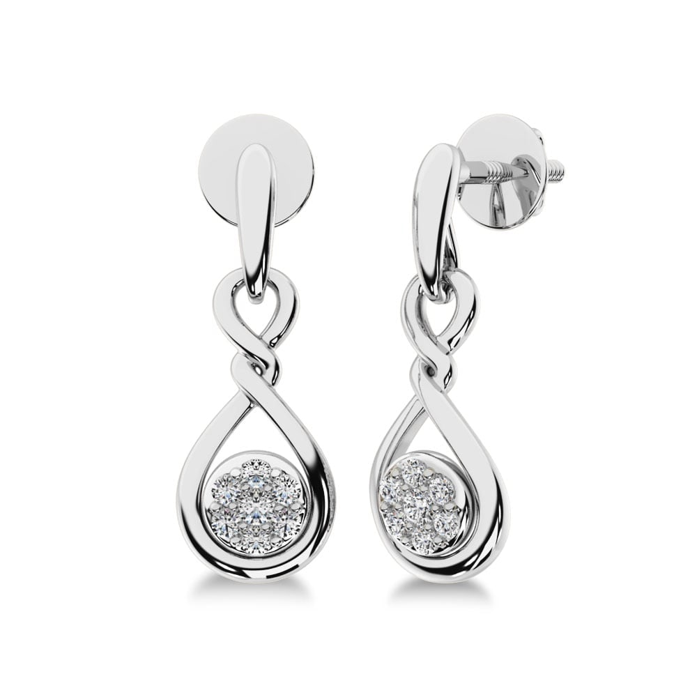 10K White Gold 1/4 Ct.Tw. Diamond Danglers Earrings: 10K White Gold 1/4 Ct.Tw. Diamond Danglers Earrings These glamorous earrings are available in 10K White Gold. There are 14 round diamonds with a total carat weight of 1/4 Ct.Tw. set in a Shared Prong 