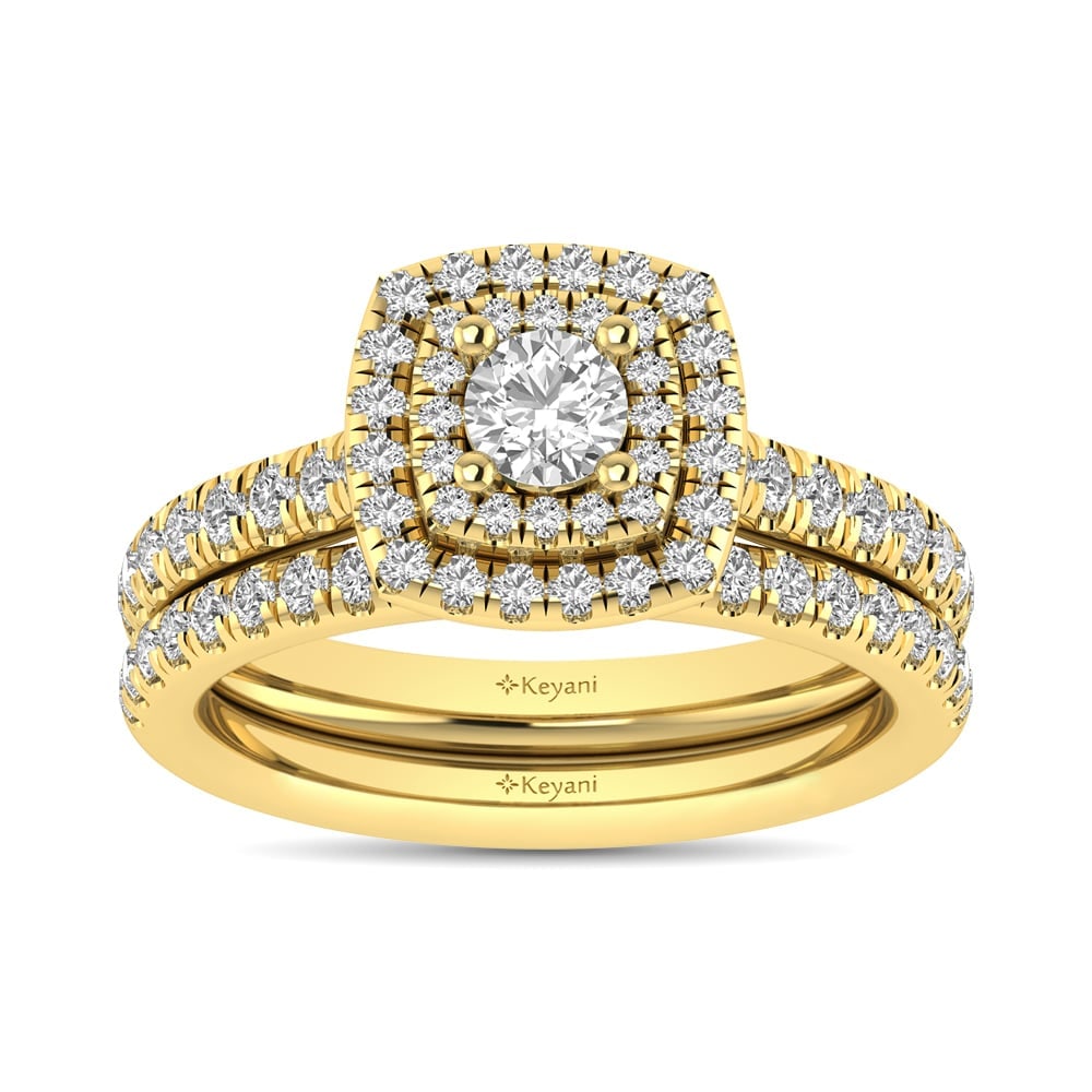Diamond Classic Shank Double Halo Bridal Ring 1 Ct.tw Round Cut in 14K Yellow Gold: Diamond Classic Shank Double Halo Bridal Ring 1 Ct.tw Round Cut in 14K Yellow Gold This classic shank Double Halo Bridal Ring set with round Cut diamond 1/4 Ct.Tw. center. Total diamond weight 1 Ct.Tw