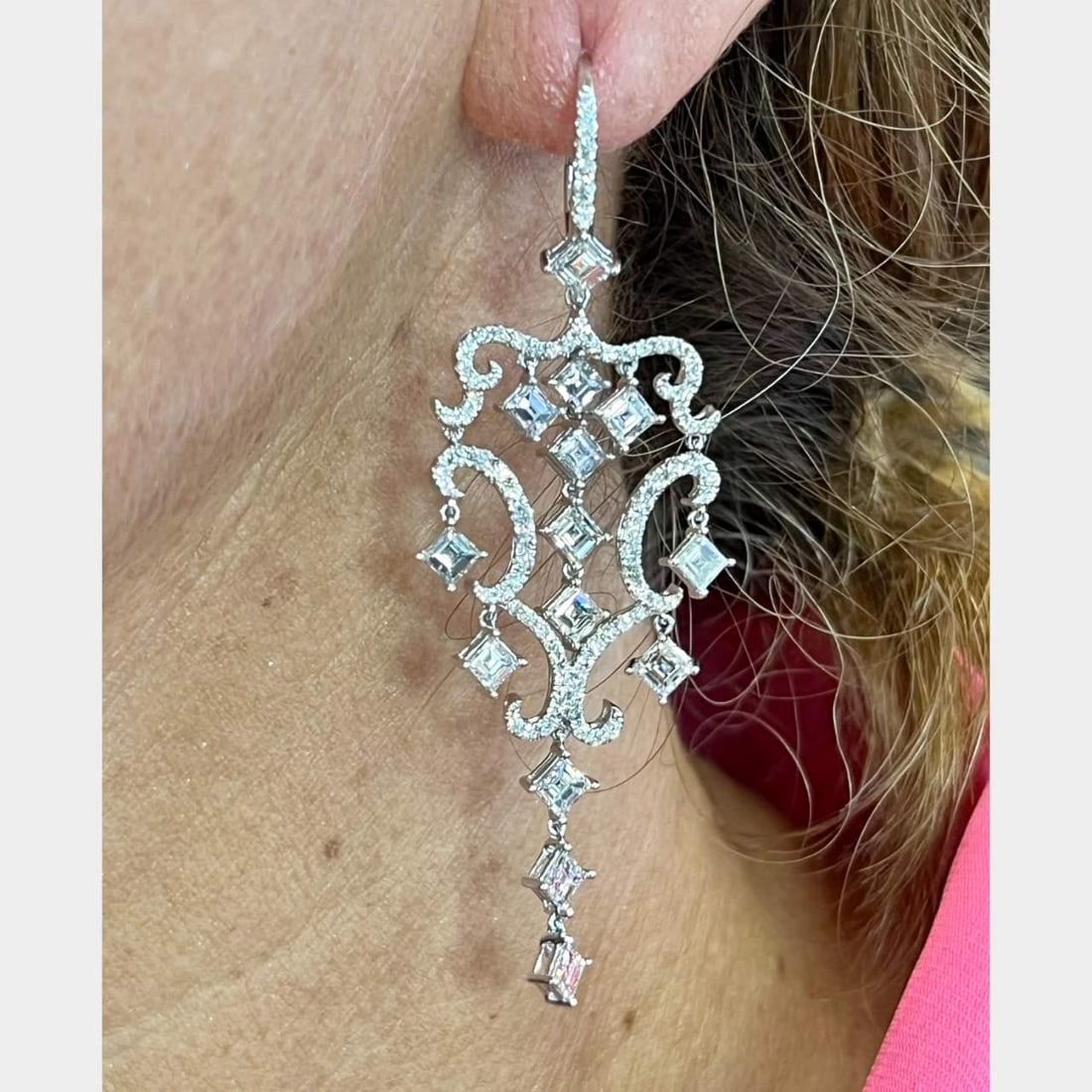 Platinum Diamond Earrings 8.70 Ct Ascher-cut 2.75 inches Elegant: Platinum Diamond Earrings 8.70 Ct Ascher-cut 2.75 inches Elegant Elevate your elegance with these stunning Platinum 8.70 Ct. Diamond Earrings. Crafted from high-quality platinum, these earrings weigh 