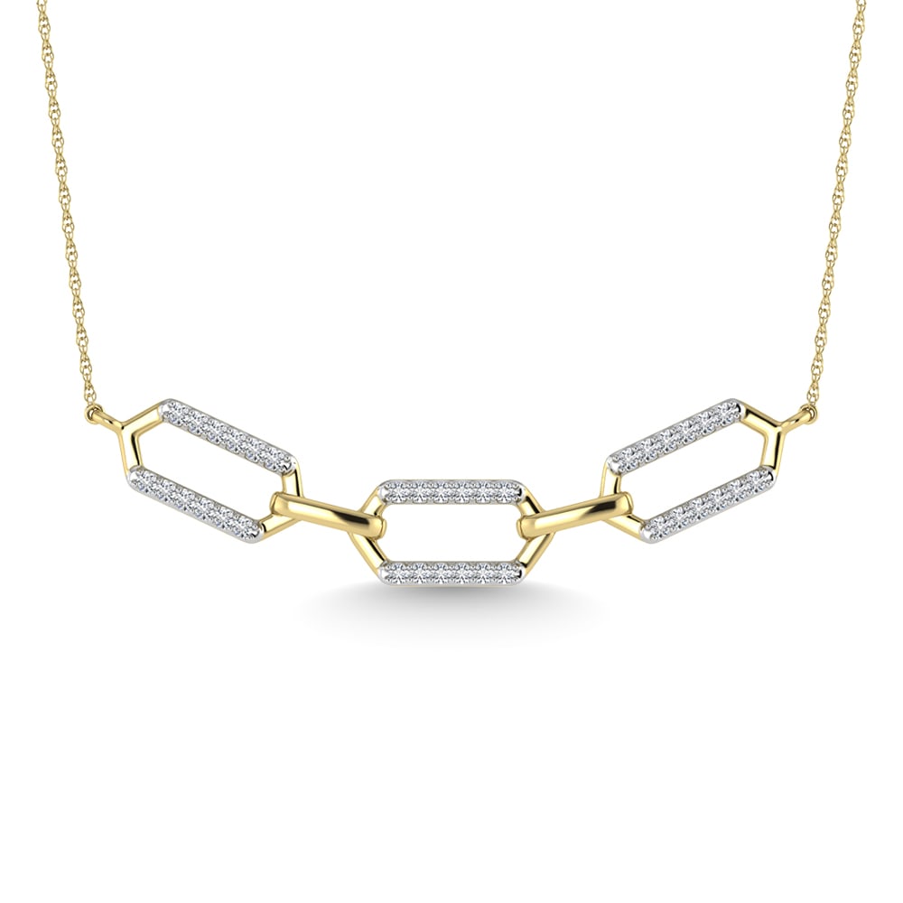 10K Two Tone Diamond 1/6 Ct.Tw. Fashion Necklace: 10K Two Tone Diamond 1/6 Ct.Tw. Fashion Necklace 10k Two Tone Stone Color: G-h Stone Clarity: I1 Unless otherwise specified, pendants that include a chain are paired with our standard 18-inch length. 