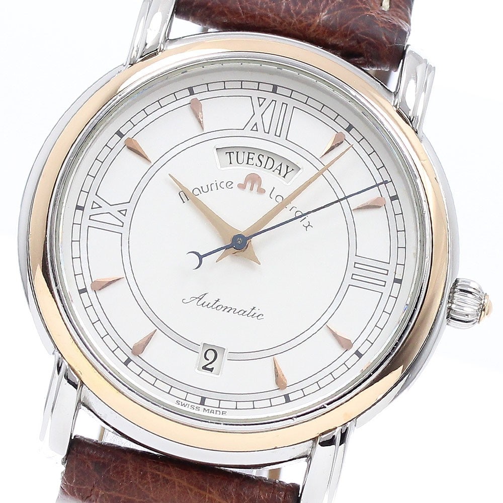Maurice Lacroix Pontos automatic day-date men's wristwatch 09777: Maurice Lacroix Pontos automatic day-date men's wristwatch 09777 This Maurice Lacroix Pontos Day-Date men's wristwatch features a stainless steel case with a silver dial and an automatic movement. The