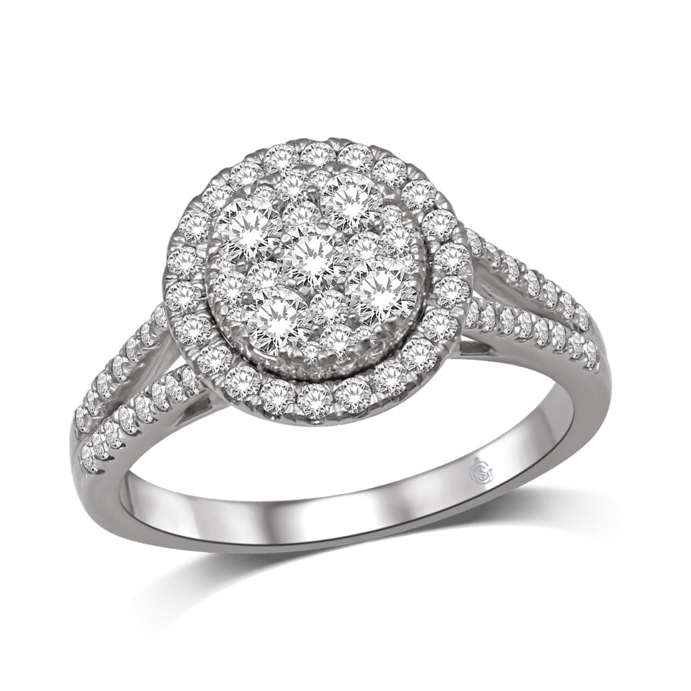 14K White Gold 9/10 Ct.Tw. Diamond Fashion Ring: 14K White Gold 9/10 Ct.Tw. Diamond Fashion Ring This Eye-Catching Ring Is Available In 14K White Gold. There Are 75 Round Diamonds With A Total Carat Weight Of 9/10 Ct.Tw. Set In A Invisible Prong / M